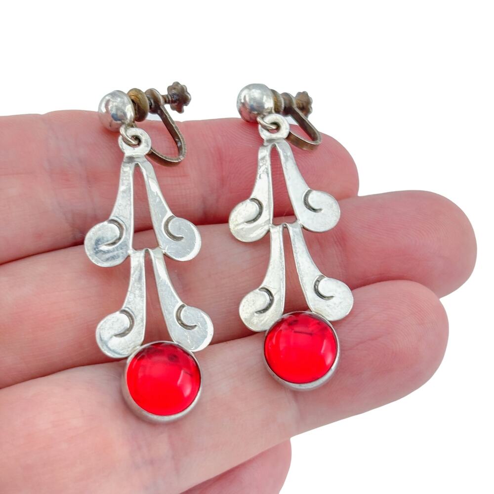 Vintage Sterling Silver 925 Red Glass Dangle Earrings